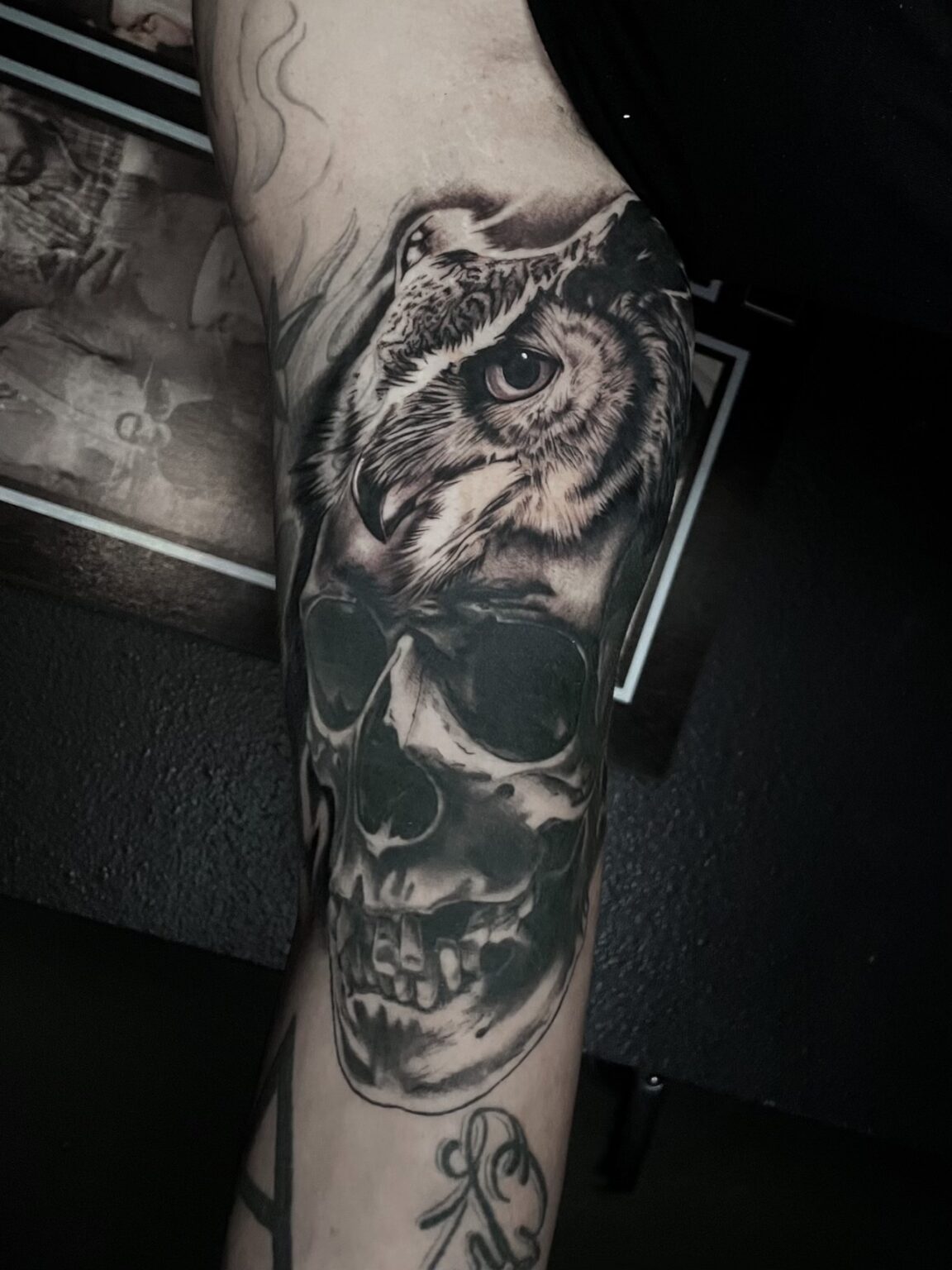 Intriguing human skull and owl morphed tattoo on the inner bicep